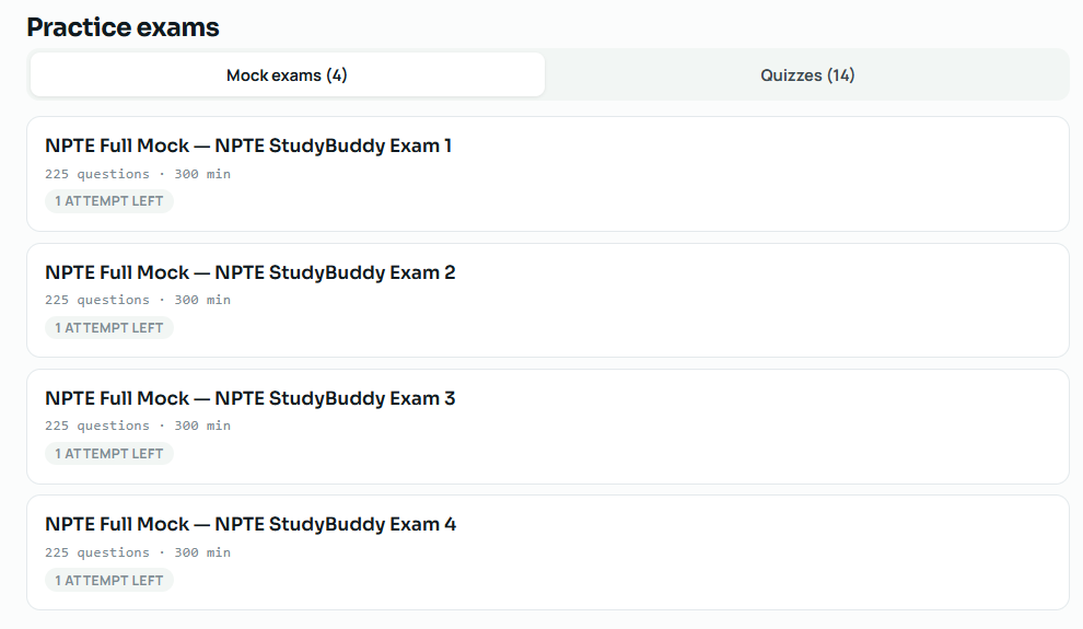 Four NPTE full mocks listed on the portal