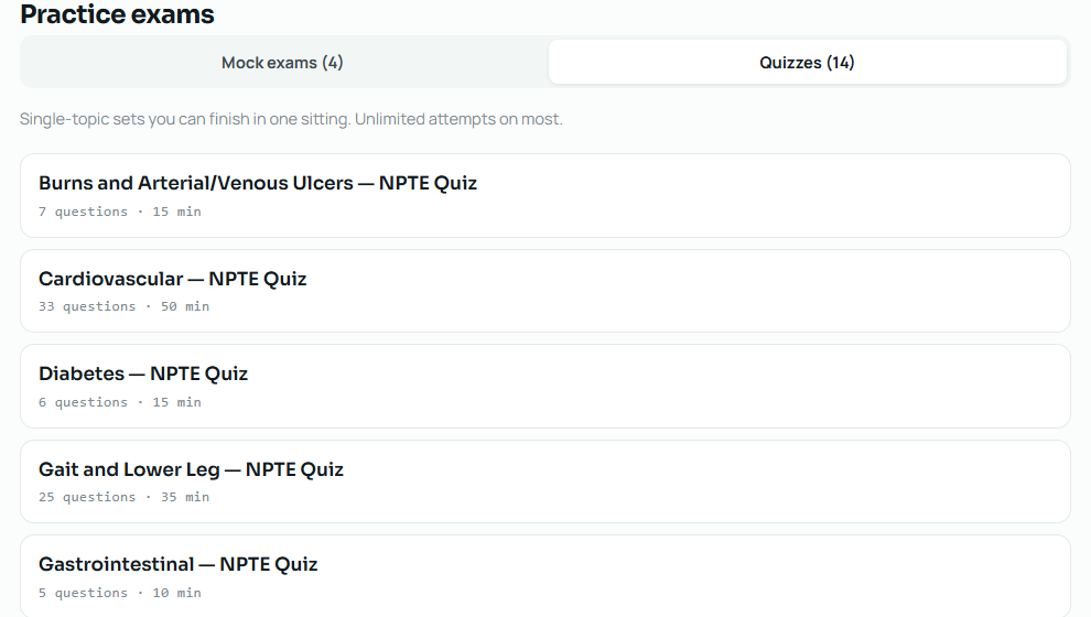 NPTE topic quizzes on the portal