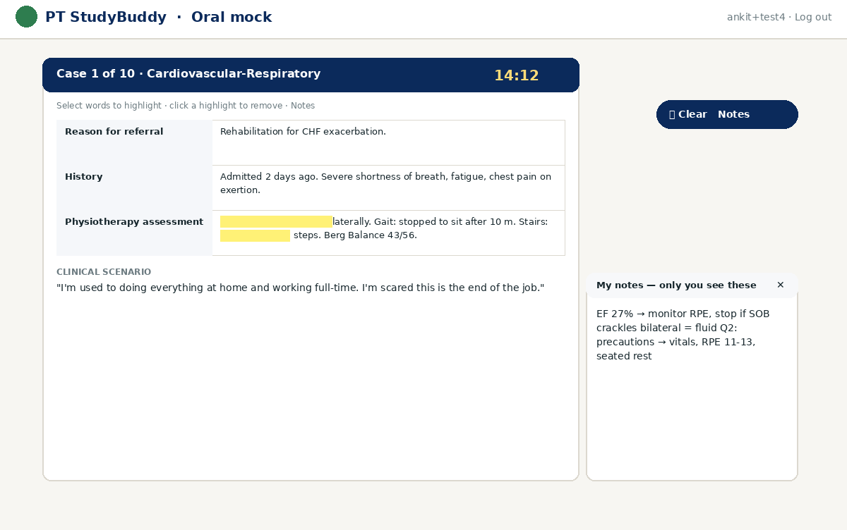 Oral mock exam — highlight the case, keep notes at the side — PT StudyBuddy portal