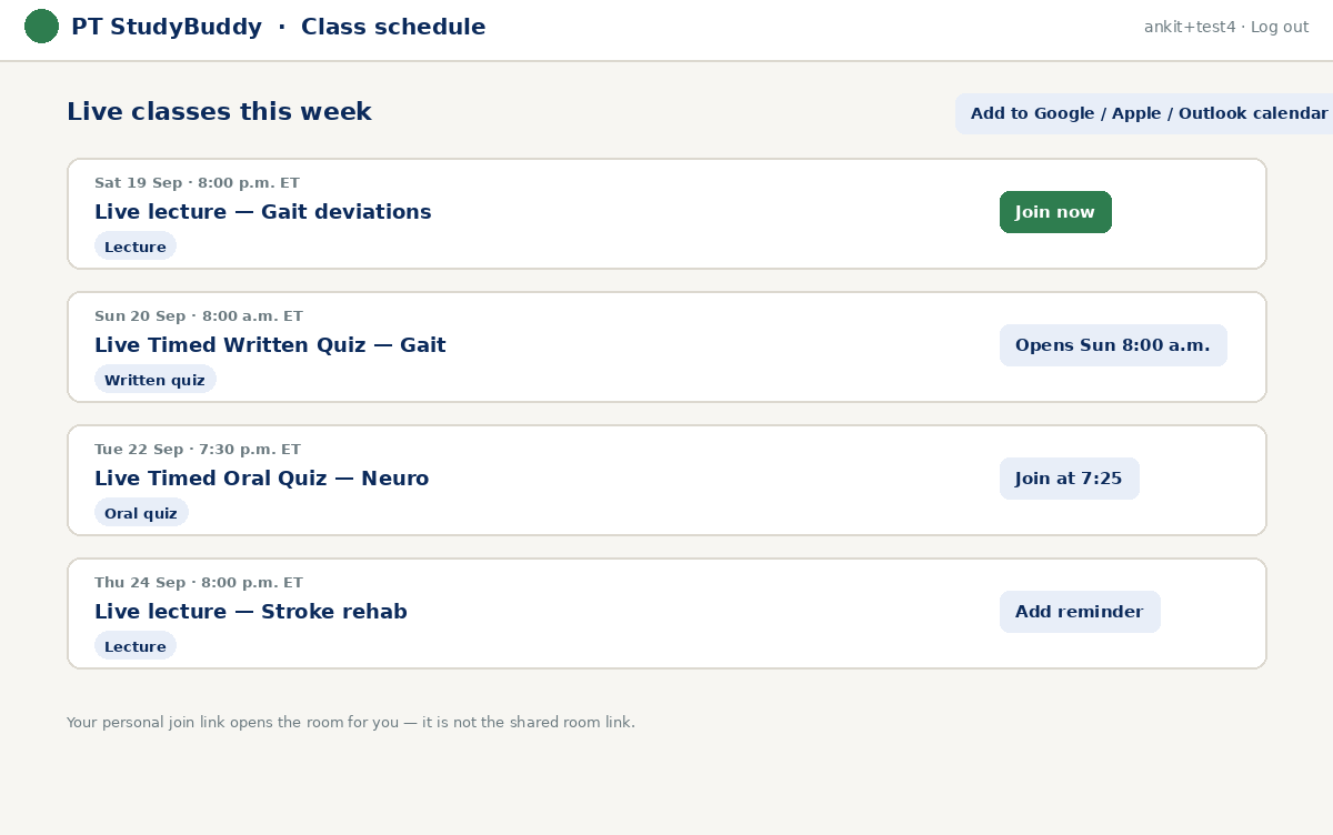 Live class schedule and Join — PT StudyBuddy portal