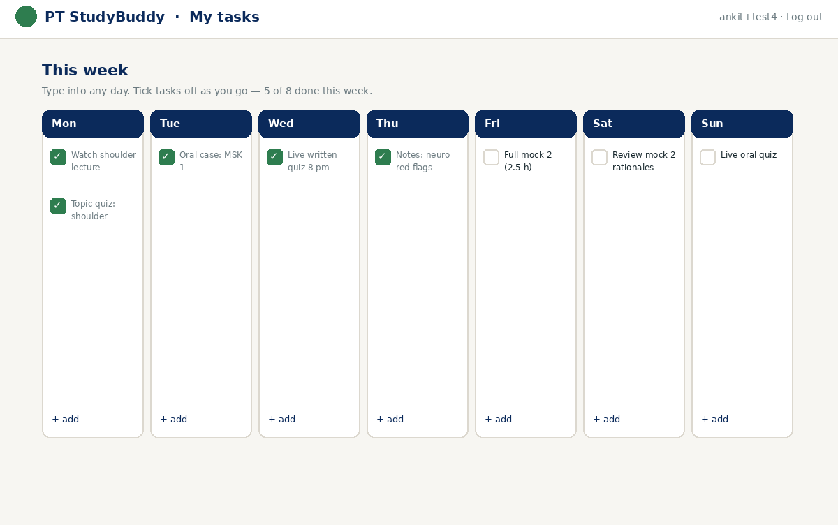 My tasks — your study week — PT StudyBuddy portal